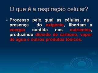 O que é a respiração celular? Processo pelo qual as células, na  presença  do  oxigénio , libertam a  energia  contida nos  nutrientes , produzindo  dióxido de carbono,   vapor de água e outros produtos tóxicos. 