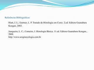 Referências Bibliográficas

   Hiatt, J. L.; Gartner, L. P. Tratado de Histologia em Cores. 2.ed. Editora Guanabara
   Koogan, 2003.

   Junqueira, L. C.; Carneiro, J. Histologia Básica. 11.ed. Editora Guanabara Koogan.,
   2008.
   http://www.uroginecologia.com.br
 