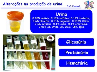 Alterações na produção de urina Prof. Emanuel
Urina
0.05% amônia, 0.18% sulfatos, 0.12% fosfatos,
0.6% cloretos, 0.01% magnésio, 0.015% Cálcio,
0.6% potássio, 0.1% sódio, 0.1% creatinina,
0.03% ac. Úrico, 2% uréia, 95% água
Glicosúria
Proteinúria
Hematúria
 