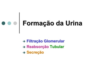 Formação da Urina
 Filtração Glomerular
 Reabsorção Tubular
 Secreção
 