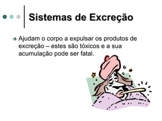 Sistemas de Excreção
 Ajudam o corpo a expulsar os produtos de
excreção – estes são tóxicos e a sua
acumulação pode ser fatal.
 