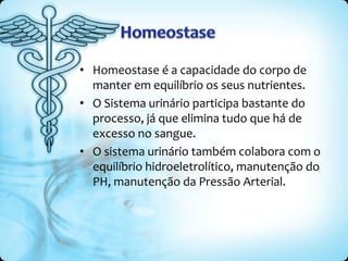 • Homeostase é a capacidade do corpo de
manter em equilíbrio os seus nutrientes.
• O Sistema urinário participa bastante do
processo, já que elimina tudo que há de
excesso no sangue.
• O sistema urinário também colabora com o
equilíbrio hidroeletrolítico, manutenção do
PH, manutenção da Pressão Arterial.
 