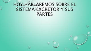 HOY HABLAREMOS SOBRE EL
SISTEMA EXCRETOR Y SUS
PARTES
 