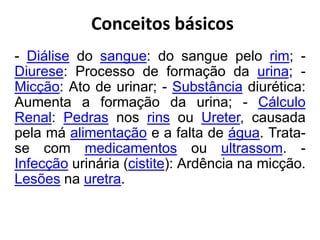 Conceitos básicos
- Diálise do sangue: do sangue pelo rim; -
Diurese: Processo de formação da urina; -
Micção: Ato de urinar; - Substância diurética:
Aumenta a formação da urina; - Cálculo
Renal: Pedras nos rins ou Ureter, causada
pela má alimentação e a falta de água. Trata-
se com medicamentos ou ultrassom. -
Infecção urinária (cistite): Ardência na micção.
Lesões na uretra.
 