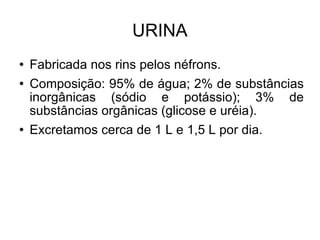 URINA Fabricada nos rins pelos néfrons. Composição: 95% de água; 2% de substâncias inorgânicas (sódio e potássio); 3% de substâncias orgânicas (glicose e uréia). Excretamos cerca de 1 L e 1,5 L por dia. 