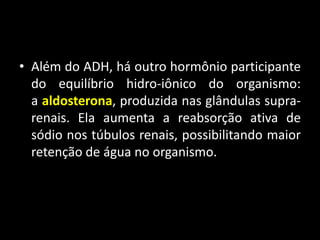 • Além do ADH, há outro hormônio participante
do equilíbrio hidro-iônico do organismo:
a aldosterona, produzida nas glândulas supra-
renais. Ela aumenta a reabsorção ativa de
sódio nos túbulos renais, possibilitando maior
retenção de água no organismo.
 