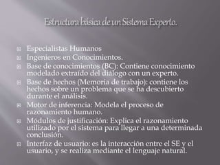  Especialistas Humanos
 Ingenieros en Conocimientos.
 Base de conocimientos (BC): Contiene conocimiento
modelado extraído del diálogo con un experto.
 Base de hechos (Memoria de trabajo): contiene los
hechos sobre un problema que se ha descubierto
durante el análisis.
 Motor de inferencia: Modela el proceso de
razonamiento humano.
 Módulos de justificación: Explica el razonamiento
utilizado por el sistema para llegar a una determinada
conclusión.
 Interfaz de usuario: es la interacción entre el SE y el
usuario, y se realiza mediante el lenguaje natural.
 