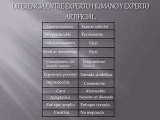 Experto humano Experto artificial
No perdurable Permanente
Difícil de transferir Fácil
FácilDifícil de documentar
Conocimiento del
sentido común
Conocimiento
Técnico
Impredecible Consistente
Experiencia personal Entrada simbólica
Enfoque amplio Enfoque cerrado
Adaptativo Necesita ser diseñado
Creativo No inspirado
Caro Alcanzable
 