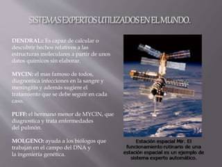 DENDRAL:: Es capaz de calcular o
descubrir hechos relativos a las
estructuras moleculares a partir de unos
datos químicos sin elaborar.
MYCIN: el mas famoso de todos,
diagnostica infecciones en la sangre y
meningitis y además sugiere el
tratamiento que se debe seguir en cada
caso.
PUFF: el hermano menor de MYCIN, que
diagnostica y trata enfermedades
del pulmón.
MOLGENO: ayuda a los biólogos que
trabajan en el campo del DNA y
la ingeniería genética.
 