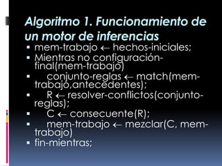 Algoritmo 1. Funcionamiento de
un motor de inferencias
 mem-trabajo hechos-iniciales;
 Mientras no configuración-
final(mem-trabajo)
 conjunto-reglas match(mem-
trabajo,antecedentes);
 R resolver-conflictos(conjunto-
reglas);
 C consecuente(R);
 mem-trabajo mezclar(C, mem-
trabajo)
 fin-mientras;
 