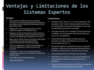 Ventajas y Limitaciones de los
Sistemas Expertos
Ventajas
 Permanencia:A diferencia de un experto
humano un SE (sistema experto) no envejece, y
por tanto no sufre pérdida de facultades con el
paso del tiempo.
 Replicación: Una vez programado un SE lo
podemos replicar infinidad de veces.
 Rapidez: Un SE puede obtener información de
una base de datos y realizar cálculos numéricos
mucho más rápido que cualquier ser humano.
 Bajo costo: A pesar de que el costo inicial pueda
ser elevado, gracias a la capacidad de
duplicación el coste finalmente es bajo.
 Entornos peligrosos: Un SE puede trabajar en
entornos peligrosos o dañinos para el ser
humano.
 Fiabilidad: Los SE no se ven afectados por
condiciones externas, un humano sí (cansancio,
presión, etc.).
 Consolidar varios conocimientos.
 ApoyoAcadémico.
Limitaciones
 Sentido común: Para un S. E. no hay nada obvio. Por
ejemplo, un S.E. sobre medicina podría admitir que
un hombre lleva 40 meses embarazado, a no ser que
se especifique que esto no es posible
 Lenguaje natural: Con un experto humano podemos
mantener una conversación informal mientras que
con un S.E. no podemos.
 Capacidad de aprendizaje: Cualquier persona
aprende con relativa facilidad de sus errores y de
errores ajenos los S.E. no.
 Perspectiva global: Un experto humano es capaz de
distinguir cuales son las cuestiones relevantes de un
problema y separarlas de cuestiones secundarias.
 Capacidad sensorial: Un SE carece de sentidos.
 Flexibilidad: Un humano es sumamente flexible a la
hora de aceptar datos para la resolución de un
problema.
 Conocimiento no estructurado: Un SE no es capaz de
manejar conocimiento poco estructurado.
 