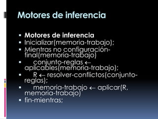 Motores de inferencia
 Motores de inferencia
 Inicializar(memoria-trabajo);
 Mientras no configuración-
final(memoria-trabajo)
 conjunto-reglas
aplicables(memoria-trabajo);
 R resolver-conflictos(conjunto-
reglas);
 memoria-trabajo aplicar(R,
memoria-trabajo)
 fin-mientras;
 