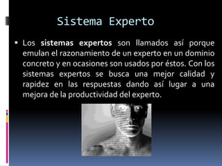 Sistema Experto
 Los sistemas expertos son llamados así porque
emulan el razonamiento de un experto en un dominio
concreto y en ocasiones son usados por éstos. Con los
sistemas expertos se busca una mejor calidad y
rapidez en las respuestas dando así lugar a una
mejora de la productividad del experto.
 