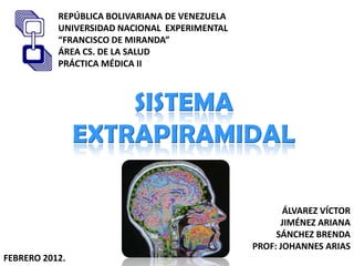 REPÚBLICA BOLIVARIANA DE VENEZUELA
           UNIVERSIDAD NACIONAL EXPERIMENTAL
           “FRANCISCO DE MIRANDA”
           ÁREA CS. DE LA SALUD
           PRÁCTICA MÉDICA II



                    SISTEMA
                EXTRAPIRAMIDAL

                                                       ÁLVAREZ VÍCTOR
                                                      JIMÉNEZ ARIANA
                                                     SÁNCHEZ BRENDA
                                                PROF: JOHANNES ARIAS
FEBRERO 2012.
 
