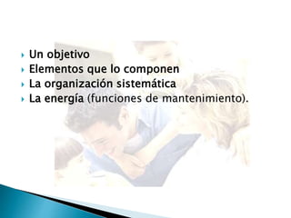  Un objetivo
 Elementos que lo componen
 La organización sistemática
 La energía (funciones de mantenimiento).
 