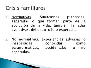 1. Normativas. Situaciones planeadas,
esperadas o que forman parte de la
evolución de la vida, también llamadas
evolutivas, del desarrollo o esperadas.
2. No normativas. experiencias adversas o
inesperadas conocidas como
paranormativas, accidentales o no
esperadas.
 