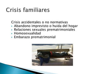 Crisis accidentales o no normativas
 Abandono imprevisto o huida del hogar
 Relaciones sexuales prematrimoniales
 Homosexualidad
 Embarazo prematrimonial
 