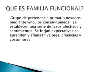 Grupo de pertenencia primario nexados
mediante vínculos consanguíneos, se
establecen una serie de lazos afectivos y
sentimientos. Se forjan expectativas se
aprenden y afianzan valores, creencias y
costumbres
 