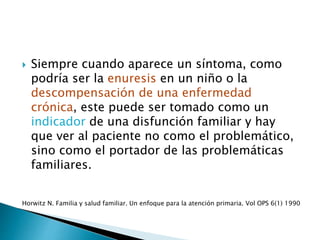  Siempre cuando aparece un síntoma, como
podría ser la enuresis en un niño o la
descompensación de una enfermedad
crónica, este puede ser tomado como un
indicador de una disfunción familiar y hay
que ver al paciente no como el problemático,
sino como el portador de las problemáticas
familiares.
Horwitz N. Familia y salud familiar. Un enfoque para la atención primaria. Vol OPS 6(1) 1990
 