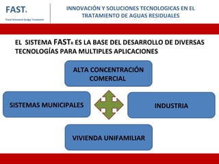 VIVIENDA UNIFAMILIAR
INNOVACIÓN Y SOLUCIONES TECNOLOGICAS EN EL
TRATAMIENTO DE AGUAS RESIDUALES
ALTA CONCENTRACIÓN
COMERCIAL
SISTEMAS MUNICIPALES INDUSTRIA
FASTR
Fixed Activated Sludge Treatment
EL SISTEMA FASTR ES LA BASE DEL DESARROLLO DE DIVERSAS
TECNOLOGÍAS PARA MULTIPLES APLICACIONES
 