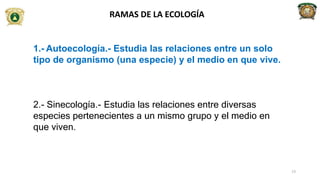 RAMAS DE LA ECOLOGÍA
13
1.- Autoecología.- Estudia las relaciones entre un solo
tipo de organismo (una especie) y el medio en que vive.
2.- Sinecología.- Estudia las relaciones entre diversas
especies pertenecientes a un mismo grupo y el medio en
que viven.
 