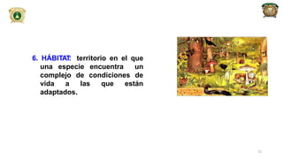 6. HÁBITAT
: territorio en el que
una especie
complejo de
encuentra un
condiciones de
vida a las que están
adaptados.
22
 