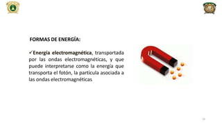 FORMAS DE ENERGÍA:
Energía electromagnética, transportada
por las ondas electromagnéticas, y que
puede interpretarse como la energía que
transporta el fotón, la partícula asociada a
las ondas electromagnéticas
33
 
