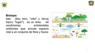 Biotopo:
(del βíος bios, "vida" y τόπος
topos, "lugar"), es un área de
condiciones ambientales
uniformes que provee espacio
vital a un conjunto de flora y fauna
5
 