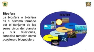 Biosfera
La biosfera o biósfera
es el sistema formado
por el conjunto de los
seres vivos del planeta
y sus relaciones,
conocida también como
ecosfera o biogeosfera
7
 