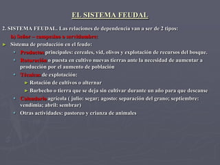 EL SISTEMA FEUDAL
2. SISTEMA FEUDAL. Las relaciones de dependencia van a ser de 2 tipos:
    b) Señor – campesino o servidumbre:
► Sistema de producción en el feudo:
      Productos principales: cereales, vid, olivos y explotación de recursos del bosque.
      Roturación o puesta en cultivo nuevas tierras ante la necesidad de aumentar a
        producción por el aumento de población
      Técnicas de explotación:
          ► Rotación de cultivos o alternar
          ► Barbecho o tierra que se deja sin cultivar durante un año para que descanse
      Calendario agrícola ( julio: segar; agosto: separación del grano; septiembre:
        vendimia; abril: sembrar)
      Otras actividades: pastoreo y crianza de animales
 