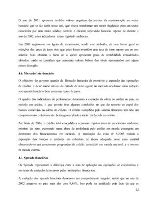 12
O ano de 2001 apresenta também valores negativos decorrentes da reestruturação ao sector
bancário que se fez sentir nesse ano, que visava transformar um sector fragilizado para um sector
caracteriza por uma maior solidez, controle e eficiente supervisão bancária. Apesar de durante o
ano de 2002, estes indicadores terem registado melhorias.
Em 2003 registou-se um ligeiro de crescimento, sendo este atribuído, de uma forma geral as
reduções das taxas de juros visto que estes foram investidos uma taxa de torno menor que no ano
anterior. Não obstante o facto de o sector apresentar graus de rentabilidade considerados
elevados, ainda se considera que apresenta valores baixos dos níveis apresentados por alguns
países da região.
4.6. Mercado Interbancário
O objectivo do governo quando da liberação financeira de promover a expansão das operações
de credito, e deste modo através da entrada de novo agente no mercado resultasse numa redução
nos spreads bancário bem como nas taxas de juros.
O quadro dos indicadores de performance, demonstra a evolução da oferta de crédito no pais, no
período em análise, o que permite tirar algumas conclusões no que diz respeito ao papel dos
bancos comerciais na oferta de crédito. O crédito concedido pelo sistema financeiro tem tido um
comportamento relativamente heterogéneo desde o início da década em análise.
Ate finais de 2004, o crédito total concedido a economia registou taxas de crescimento modestas,
próximo do zero, ocorrendo numa altura de preferência pelo crédito em moeda estrangeira em
detrimento dos financiamentos em meticais. A introdução do aviso nº 5/2005 reduziu a
exposição dos bancos e credores em cobertura de riscos adequada neste caso cambial
observando-se um crescimento progressivo do crédito concedido em moeda nacional, e o inverso
na moeda externa.
4.7. Spreads Bancários
Os Spreads representam a diferença entre a taxa de aplicação nas operações de empréstimos e
nas taxas de captação de recursos pelas instituições financeiras.
A evolução dos spreads bancários demonstra um comportamento irregular, sendo que no ano de
2002 atinge-se ao pico mais alto com 9,86%. Isso pode ser justificado pelo facto de que as
 