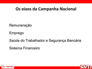 Os eixos da Campanha Nacional
Remuneração
Emprego
Saúde do Trabalhador e Segurança Bancária
Sistema Financeiro
 