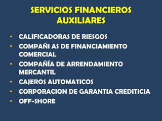 SERVICIOS FINANCIEROS
           AUXILIARES
• CALIFICADORAS DE RIESGOS
• COMPAÑI AS DE FINANCIAMIENTO
  COMERCIAL
• COMPAÑÍA DE ARRENDAMIENTO
  MERCANTIL
• CAJEROS AUTOMATICOS
• CORPORACION DE GARANTIA CREDITICIA
• OFF-SHORE
 