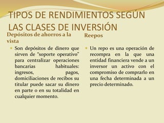 TIPOS DE RENDIMIENTOS SEGÚN
LAS CLASES DE INVERSIÓN
Depósitos de ahorros a la
vista
Reepos
 Son depósitos de dinero que
sirven de “soporte operativo”
para centralizar operaciones
bancarias habituales:
ingresos, pagos,
domiciliaciones de recibos su
titular puede sacar su dinero
en parte o en su totalidad en
cualquier momento.
 Un repo es una operación de
recompra en la que una
entidad financiera vende a un
inversor un activo con el
compromiso de comprarlo en
una fecha determinada a un
precio determinado.
 