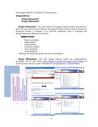 Las aseguradoras se dividen en dos grupos:
        Aseguradoras:
                -      Grupo Financiero
                -      Grupo Mutualista

           Grupo Financiero.- En este rubro se integran instituciones que forman
        parte de los servicios que ofrecen los grupos financieros al ofrecer fianzas a
        personas físicas y morales. A lo anterior podemos citar el ejemplo del
        grupo financiero Banamex-Accival.
                      Banamex-Accival:
                   - Banca múltiple
                   - Afianzadora
                   - Aseguradora
                   - Casa de cambio
                   - Casa de bolsa
                   - Arrendadoras
        -       Oficinas de representación de banca extranjera.

           Grupo Mutualista.- En este grupo entran todas las aseguradoras
        privadas. En el sitio Web http://apps.cnsf.gob.mx/apps/ciasp.sqljsp se
        puede tener acceso a todo el listado de aseguradoras y afianzadoras.
Listado de Instituciones de Seguros de
Listado de Instituciones y Sociedades


Pensiones, derivados de las Leyes de

Listado de Instituciones de Seguros

Listado de Instituciones de Fianzas
Especializadas en Salud
Mutualistas de Seguros


Seguridad Social
1.


          2.



                         3.


                                  4.




                                                 64
 