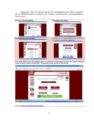 Esquema sobre el uso de una de las calculadoras que ofrece el portal
de la CONSAR para el cálculo de cuotas, rendimientos, mensualidades,
entre otros.

Entrar a la calculadora                                Introducir los datos




Se muestran los cálculos                               Importe de la mensualidad que recibirá y
                                                       los salarios mínimos vigentes




Si se desea obtener otra mensualidad, mayor a la obtenida anteriormente, se hace otro calculo señalando
cuanto se desea recibir y en que afore. El resultado nos da, cuanto se debe ahorrar




Fuente: http://consar.gob.mx/consar.shtml




                                                 61
 