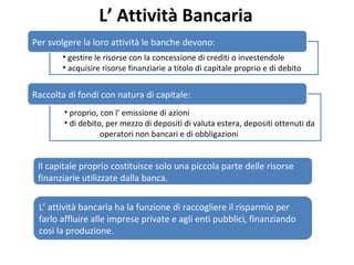 L’ Attività Bancaria
Per svolgere la loro attività le banche devono:
• gestire le risorse con la concessione di crediti o investendole
• acquisire risorse finanziarie a titolo di capitale proprio e di debito
Raccolta di fondi con natura di capitale:
• proprio, con l’ emissione di azioni
• di debito, per mezzo di depositi di valuta estera, depositi ottenuti da
operatori non bancari e di obbligazioni
Il capitale proprio costituisce solo una piccola parte delle risorse
finanziarie utilizzate dalla banca.
L’ attività bancaria ha la funzione di raccogliere il risparmio per
farlo affluire alle imprese private e agli enti pubblici, finanziando
così la produzione.
 