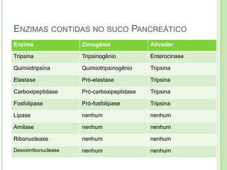 ENZIMAS CONTIDAS NO SUCO PANCREÁTICO
Enzima Zimogênio Ativador
Tripsina Tripsinogênio Enterocinase
Quimiotripsina Quimiotripsinogênio Tripsina
Elastase Pró-elastase Tripsina
Carboxipeptidase Pró-carboxipeptidase Tripsina
Fosfolipase Pró-fosfolipase Tripsina
Lipase nenhum nenhum
Amilase nenhum nenhum
Ribonuclease nenhum nenhum
Desoxirribonuclease nenhum nenhum
 