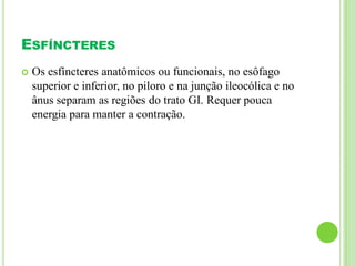 ESFÍNCTERES
 Os esfíncteres anatômicos ou funcionais, no esôfago
superior e inferior, no piloro e na junção ileocólica e no
ânus separam as regiões do trato GI. Requer pouca
energia para manter a contração.
 