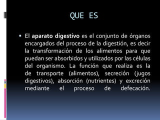 QUE ES
 El aparato digestivo es el conjunto de órganos
encargados del proceso de la digestión, es decir
la transformación de los alimentos para que
puedan ser absorbidos y utilizados por las células
del organismo. La función que realiza es la
de transporte (alimentos), secreción (jugos
digestivos), absorción (nutrientes) y excreción
mediante el proceso de defecación.
 