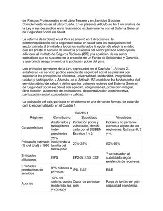 de Riesgos Profesionales en el Libro Tercero y en Servicios Sociales
Complementarios en el Libro Cuarto. En el presente artículo se hará un análisis de
la Ley y sus desarrollos en lo relacionado exclusivamente con el Sistema General
de Seguridad Social en Salud.

La reforma de la Salud en el País se orientó en 3 direcciones: la
desmonopolización de la seguridad social en salud para los trabajadores del
sector privado al brindarle a todos los asalariados la opción de elegir la entidad
que les preste el servicio de salud; la presencia del sector privado como opción
adicional al Instituto de Seguros Sociales (ISS) y la aparición de un sector
subsidiado que se sustenta en la creación de un Fondo de Solidaridad y Garantía,
y que brinda aseguramiento a la población pobre del país.

Los principios generales de la Ley, expresados en el Capítulo 1, Artículo 2,
establecen «el servicio público esencial de seguridad social se prestará con
sujeción a los principios de eficiencia, universalidad, solidaridad, integralidad,
unidad y participación.» Además, en el Artículo 153 establece los fundamentos del
servicio público de salud, y define que los patrones rectores del Sistema General
de Seguridad Social en Salud son equidad, obligatoriedad, protección integral,
libre elección, autonomía de instituciones, descentralización administrativa,
participación social, concertación y calidad.

La población del país participa en el sistema en una de varias formas, de acuerdo
con lo esquematizado en el Cuadro 1.

                                     Cuadro 1
     Régimen           Contributivo       Subsidiado             Vinculados
                     Asalariados y Población pobre y      Pobres y no pertene-
                     trabajadores vulnerable, identifi-   cientes a alguno de los
Características
                     inde-          cada por el SISBEN    regímenes. Estratos 0, 3
                     pendientes     Estratos 1 y 2        y 4.
                     25%
Población estimada incluyendo la
                                    20%-25%               50%-55%
(% del total) a 1996 familia del
                     traba-jador
                                                          ? se trasladan al
Entidades
                    EPS            EPS-S, ESS, CCF        subsidiado según
afiliadoras
                                                          existencia de recur-sos.
Entidades
                    IPS públicas o
prestadoras de                     IPS, ESE               ESE
                    privadas
servicios
                    12% del
                    salario, cuotas Cuota de participa-   Pago de tarifas se- gún
Aportes
                    moderado-ras ción                     capacidad económica
                    y copagos
 