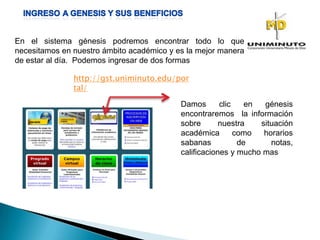 En el sistema génesis podremos encontrar todo lo que
necesitamos en nuestro ámbito académico y es la mejor manera
de estar al día. Podemos ingresar de dos formas
http://gst.uniminuto.edu/por
tal/
Damos clic en génesis
encontraremos la información
sobre nuestra situación
académica como horarios
sabanas de notas,
calificaciones y mucho mas
 