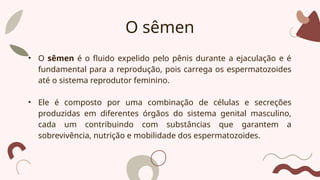 • O sêmen é o fluido expelido pelo pênis durante a ejaculação e é
fundamental para a reprodução, pois carrega os espermatozoides
até o sistema reprodutor feminino.
• Ele é composto por uma combinação de células e secreções
produzidas em diferentes órgãos do sistema genital masculino,
cada um contribuindo com substâncias que garantem a
sobrevivência, nutrição e mobilidade dos espermatozoides.
O sêmen
 
