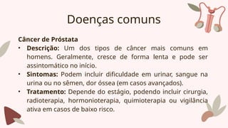 Doenças comuns
Câncer de Próstata
• Descrição: Um dos tipos de câncer mais comuns em
homens. Geralmente, cresce de forma lenta e pode ser
assintomático no início.
• Sintomas: Podem incluir dificuldade em urinar, sangue na
urina ou no sêmen, dor óssea (em casos avançados).
• Tratamento: Depende do estágio, podendo incluir cirurgia,
radioterapia, hormonioterapia, quimioterapia ou vigilância
ativa em casos de baixo risco.
 
