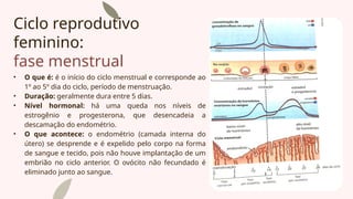 Ciclo reprodutivo
feminino:
fase menstrual
• O que é: é o início do ciclo menstrual e corresponde ao
1º ao 5º dia do ciclo, período de menstruação.
• Duração: geralmente dura entre 5 dias.
• Nível hormonal: há uma queda nos níveis de
estrogênio e progesterona, que desencadeia a
descamação do endométrio.
• O que acontece: o endométrio (camada interna do
útero) se desprende e é expelido pelo corpo na forma
de sangue e tecido, pois não houve implantação de um
embrião no ciclo anterior. O ovócito não fecundado é
eliminado junto ao sangue.
 