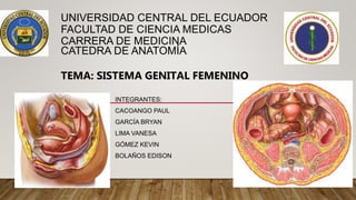 UNIVERSIDAD CENTRAL DEL ECUADOR
FACULTAD DE CIENCIA MEDICAS
CARRERA DE MEDICINA
CATEDRA DE ANATOMÍA
TEMA: SISTEMA GENITAL FEMENINO
INTEGRANTES:
CACOANGO PAUL
GARCÍA BRYAN
LIMA VANESA
GÓMEZ KEVIN
BOLAÑOS EDISON
 