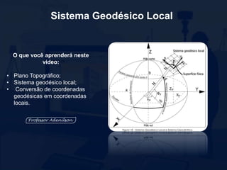 O que você aprenderá neste
vídeo:
• Plano Topográfico;
• Sistema geodésico local;
• Conversão de coordenadas
geodésicas em coordenadas
locais.
Sistema Geodésico Local
 