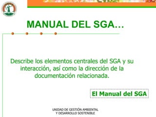 MANUAL‫‏‬DEL‫‏‬SGA…


Describe los elementos centrales del SGA y su
   interacción, así como la dirección de la
         documentación relacionada.

                                      El Manual del SGA

               UNIDAD DE GESTIÓN AMBIENTAL
                 Y DESARROLLO SOSTENIBLE
 