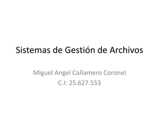 Sistemas de Gestión de Archivos

    Miguel Angel Cañamero Coronel
            C.I: 25.627.553
 