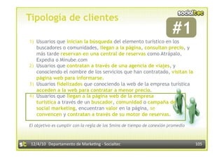 Tipología de clientes
                                                                        #1         

1)  Usuarios que inician la búsqueda del elemento turístico en los
    buscadores o comunidades, llegan a la página, consultan precio, y
    más tarde reservan en una central de reservas como Atrápalo,
    Expedia o Minube.com
2)  Usuarios que contratan a través de una agencia de viajes, y
    conociendo el nombre de los servicios que han contratado, visitan la
    página web para informarse.
3)  Usuarios fidelizados que conociendo la web de la empresa turística
    acceden a la web para contratar a menor precio.
4)  Usuarios que llegan a la página web de la empresa
    turística a través de un buscador, comunidad o campaña de
    social marketing, encuentran valor en la página, se
    convencen y contratan a través de su motor de reservas.

El objetivo es cumplir con la regla de los 5mins de tiempo de conexión promedio



 12/4/10  Departamento de Marke3ng ‐ Socialtec                                        105 
 